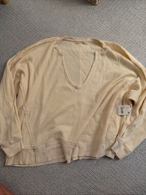 Free People Cream Waffle Knit Long Sleeve V-Neck Top